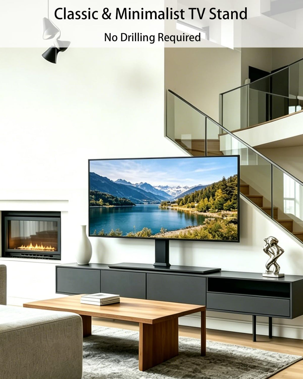 Universal Motorized TV Mount with Remote - Motorized TV Stand with Tempered Glass Base, TV Lift for Desktop and Floor