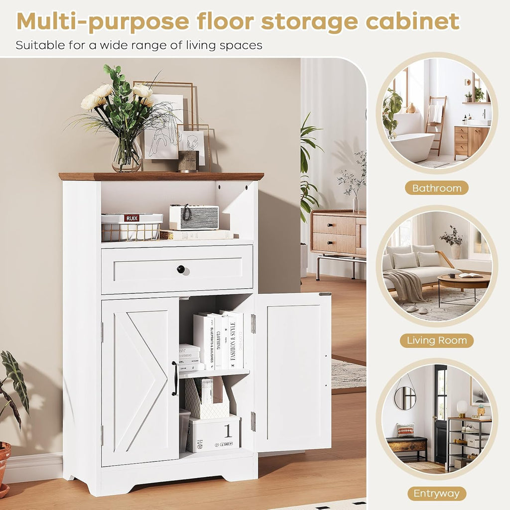 Floor Cabinet, Farmhouse Storage Cabinet with Barn Doors and Drawer, 11.81" D x 23.62" W x 39.37" H White Freestanding Adjustable Shelf Organizer for Bathroom, Kitchen, Living Room
