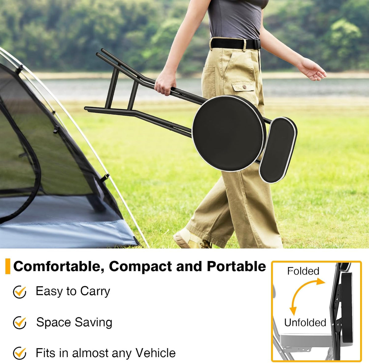 TAVR Folding Chair, Tall Folding Bar Chair with Backrest & Safety Lock, Portable PU Leather Counter Chair for Kitchen, Balcony, Camping, Fishing & Indoor Outdoor Use