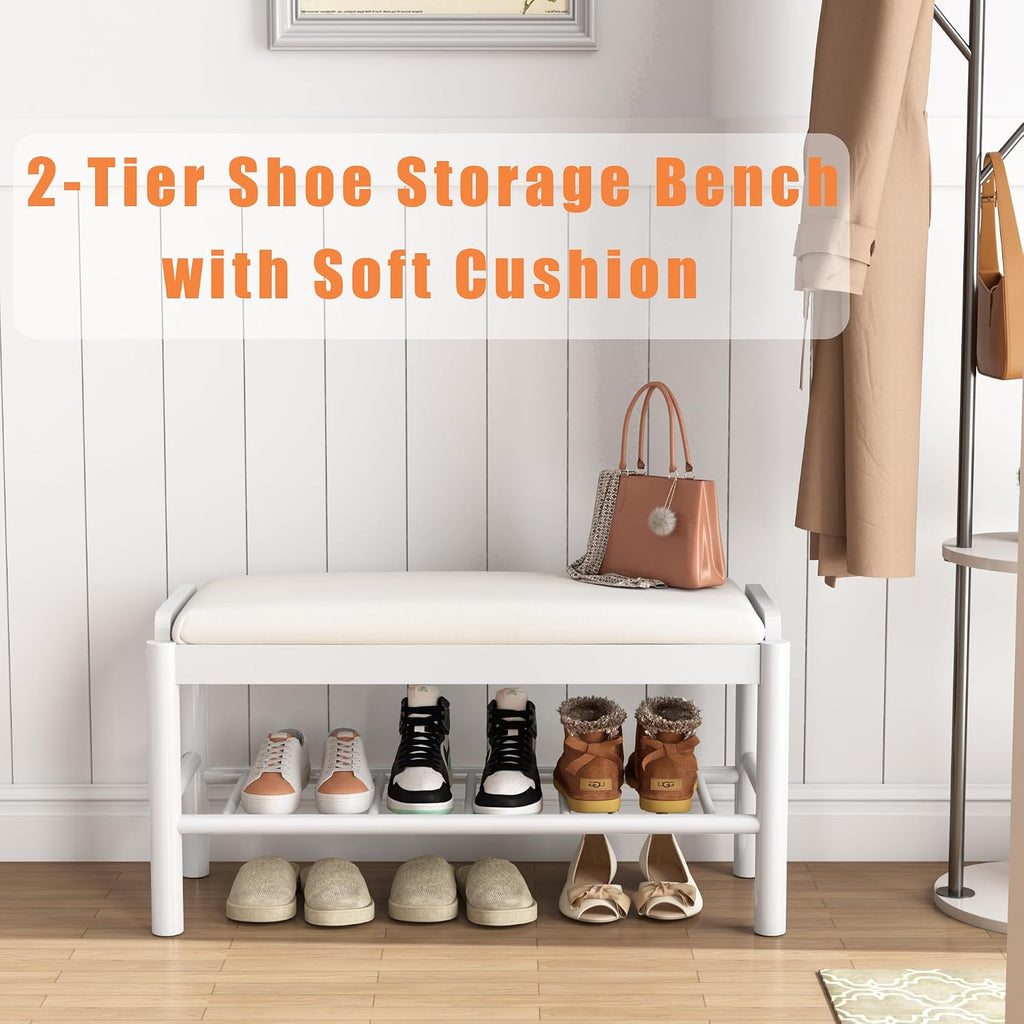 Shoe Storage Bench with Cushion - 2 Tier Shoe Rack for Front Door Entrance, Wood Shoes Rack, Entryway Bench with Shoes Storage for Closet,Hallway,Bedroom&Living Room(White, 31.5" W)