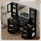 Chrangmay 55.4" Big Modern Vanity Desk with Mirror and Lights,Makeup Vanity Desk with 8 Drawers and Storage Shelves & Power Outlet,RBP Glass Cabinets, Black