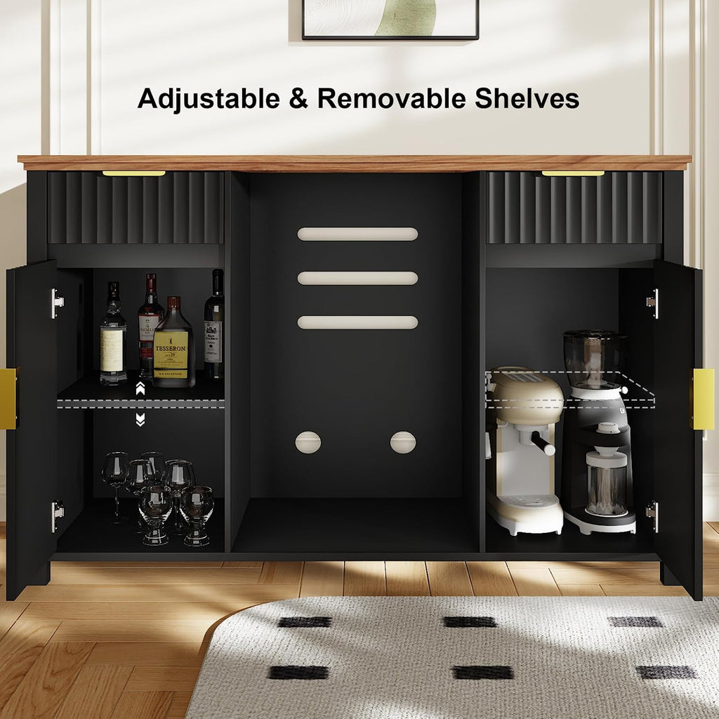 Coffee Bar with Mini Fridge Space & Charging Station, Modern Fluted Mini Fridge Cabinet, Large Bar Cabinet with Wine & Beverage Storage for Kitchen, Dining Room or Living Room