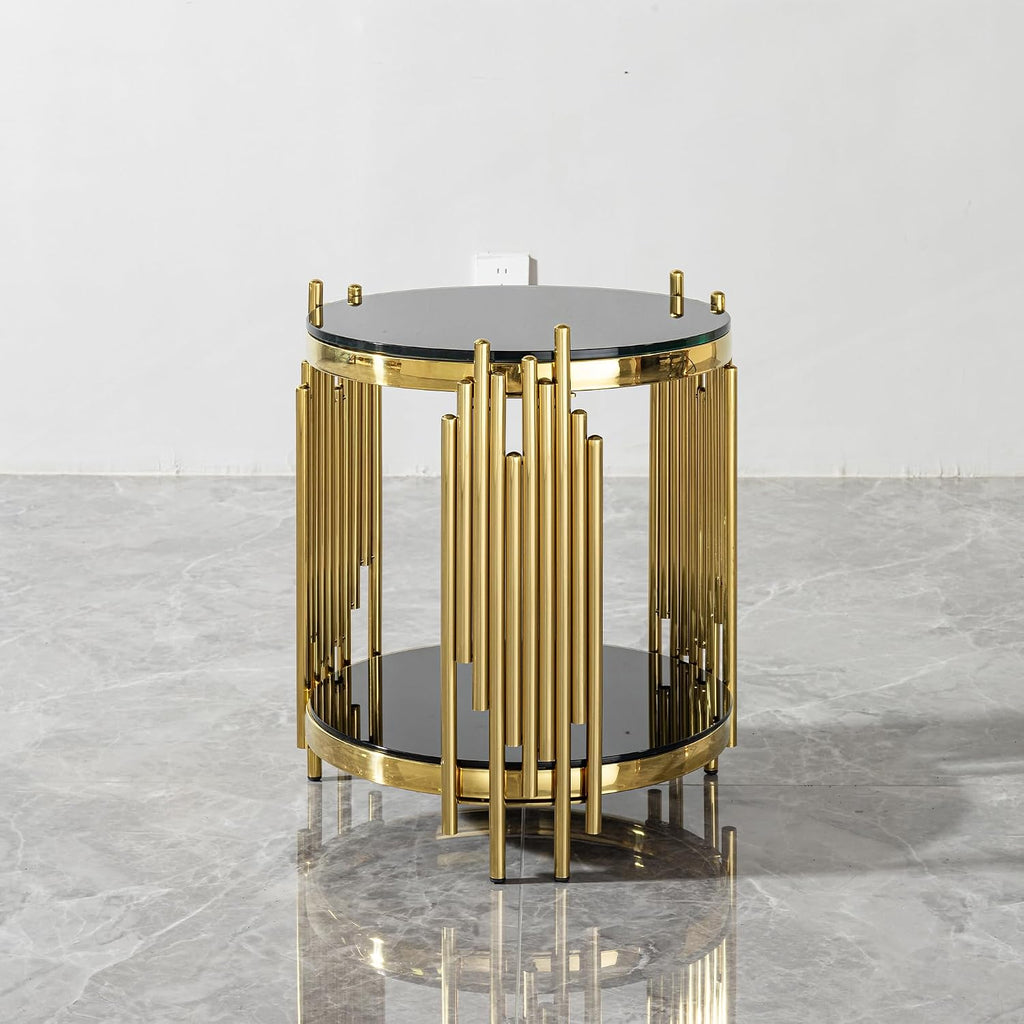 Gold Black End Table with Golden Stainless Steel Frame,Modern Glass Bedside Nightstand Table,Glass Cocktail Small Living Room Coffee Table