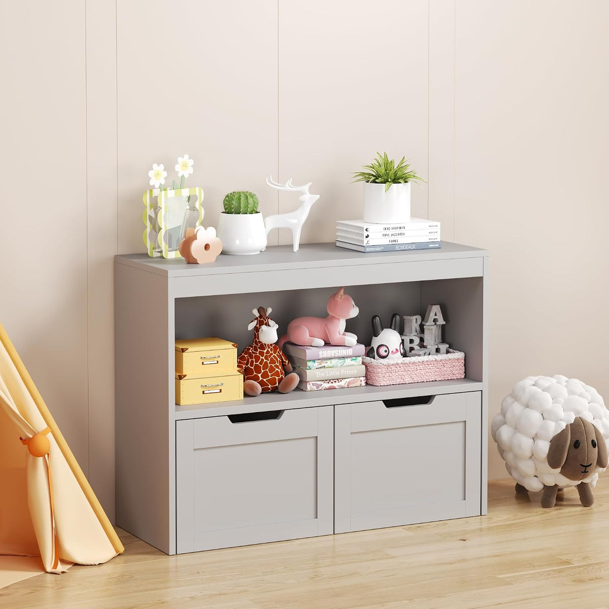 Kids Furniture Set for Bedroom Toddler Table and Chair Desk Toy Box | Durable MDF storage with 2 drawers and open shelves. Safe rounded edges, anti-tip device, and hidden wheels. Perfect for