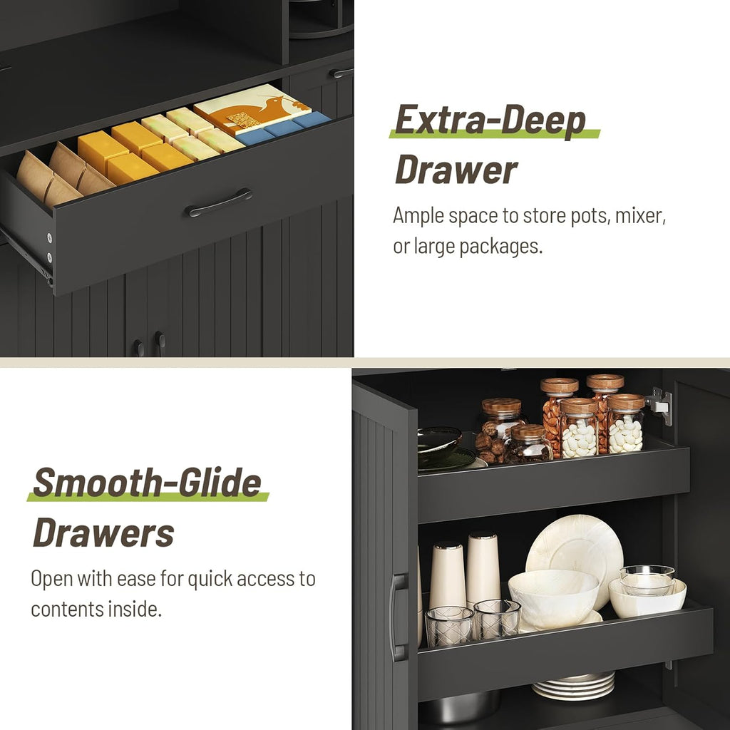 Pantry Cabinet, 67.7" Tall Kitchen Pantry Storage Cabinet with 360° Rotating Shelf & 2 Pull-Out Racks, Freestanding Kitchen Hutch with Charging Station & Drawer, for Dining Room, Black