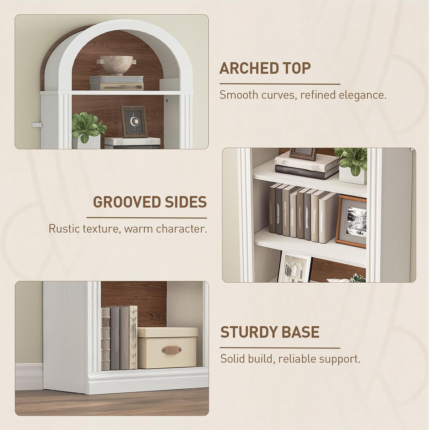 RALGEND Arched Bookshelf, 75.8" Tall Narrow Bookshelf, Arch Bookcase with Storage, 6-Tier Farmhouse Book Shelf, Wooden Arched Cabinet with Open Display Shelves, Adjustable Shelf, Walnut and White