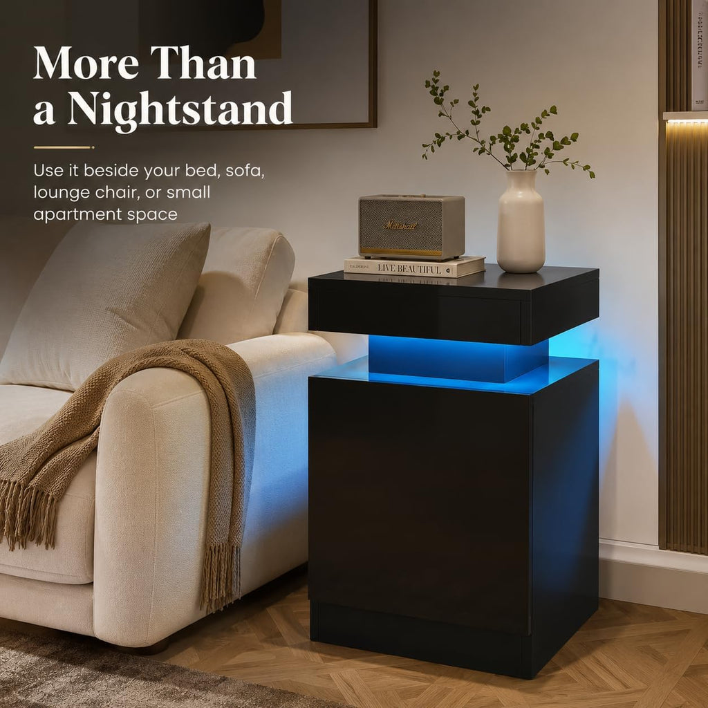 MXV Nightstand Set of 2 with LED Lights, 24in Tall Night Stand with Storage Cabinet for Bedroom, Bedside Table with LED (Black, 17.7" D x 14.37" W)