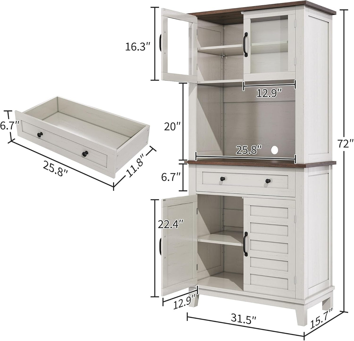 IDEALHOUSE Modern 72-Inch Freestanding Pantry Cabinet – Buffet Hutch with Adjustable Shelves, Large Drawer, Glass & Wooden Doors, Open Storage – Brown & White Contrast – Perfect for Dining Room,