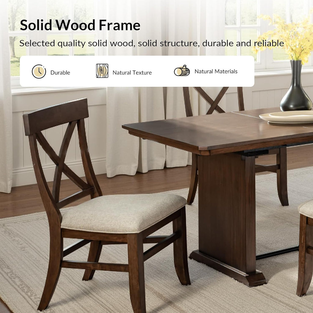 Farmhouse Upholstered Dining Chairs Set of 2, Walnut | Wooden Kitchen Chairs with Solid Wood Legs, Soft Cushion, Cross-Back Design, for Living Room Dining Room