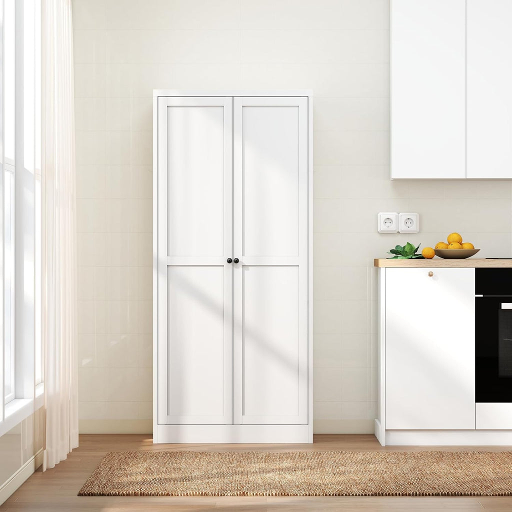 White Metal Kitchen Pantry Cabinet, Adjustable Shelves Storage Cabinet with Silent Magnetic Door, Freestanding Storage Cabinet for Small Kitchen Living Room Pantry, 27.6x13.8x72 Inches