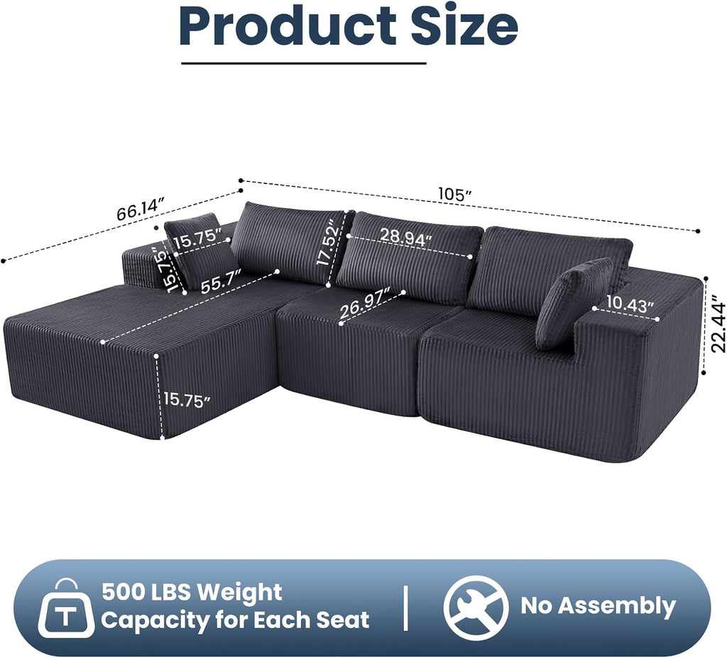DUMOS 105" L-Shaped Sectional Couch, Left Facing Chaise | Upholstered Corduroy Sofa with 55.7'' Deep Seat for Living Room, Small Apartment, No Assembly in a Box, Grey