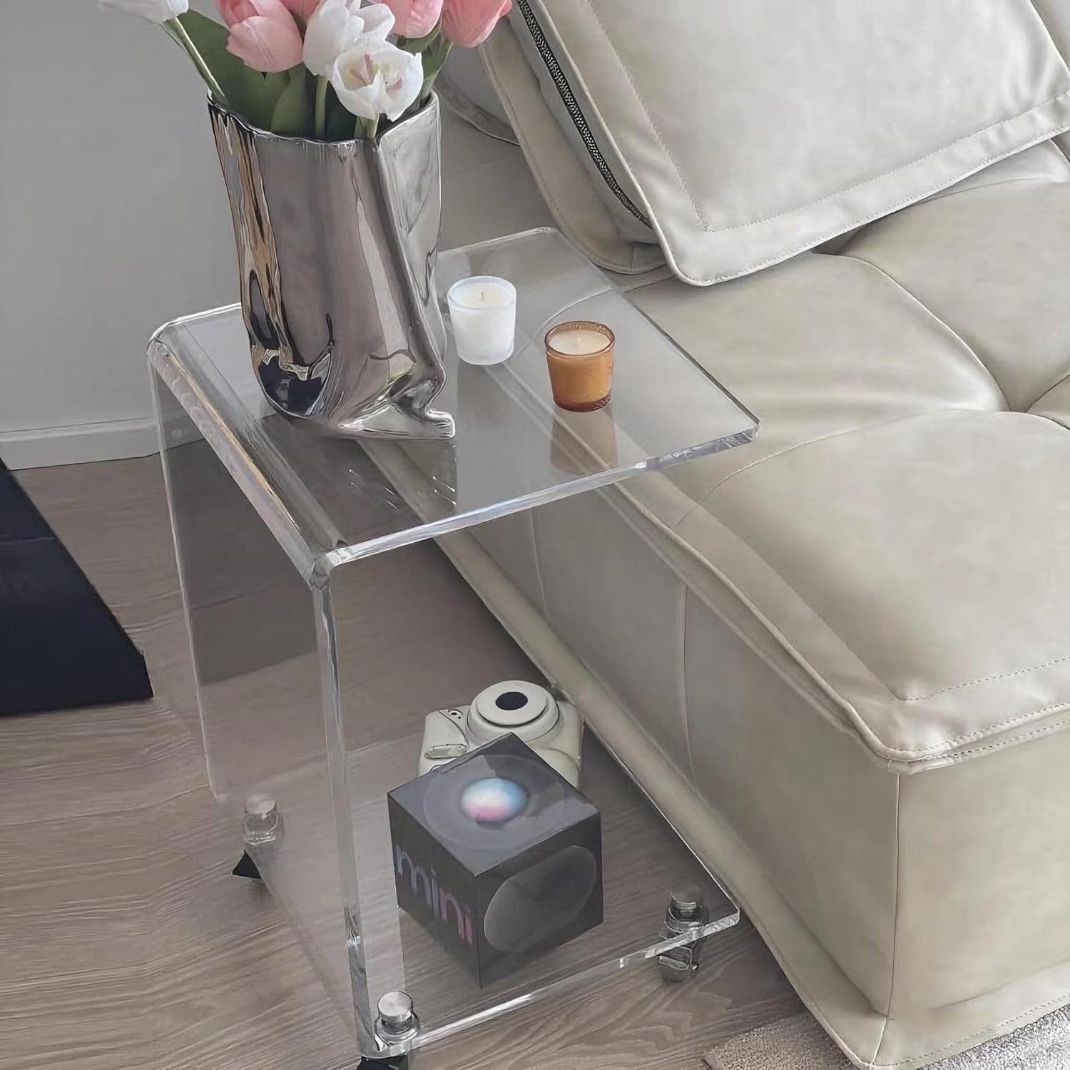 Acrylic Clear Movable End Table -26" h C-Shaped Modern Rolling Bedside/Sofa Side Table, Ideal for Bedroom and Living Room as a Snack Table