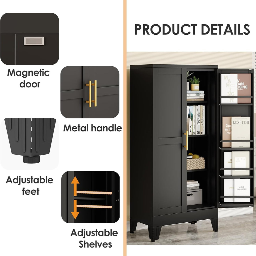 pozdeg 47.24" Kitchen Pantry Cabinet, Metal Food Pantry Storage Cupboard with 2 Doors and 3 Adjustable Shelves, Freestanding Buffet Sideboard for Kitchen, Dining Room, Living Room and Bathroom