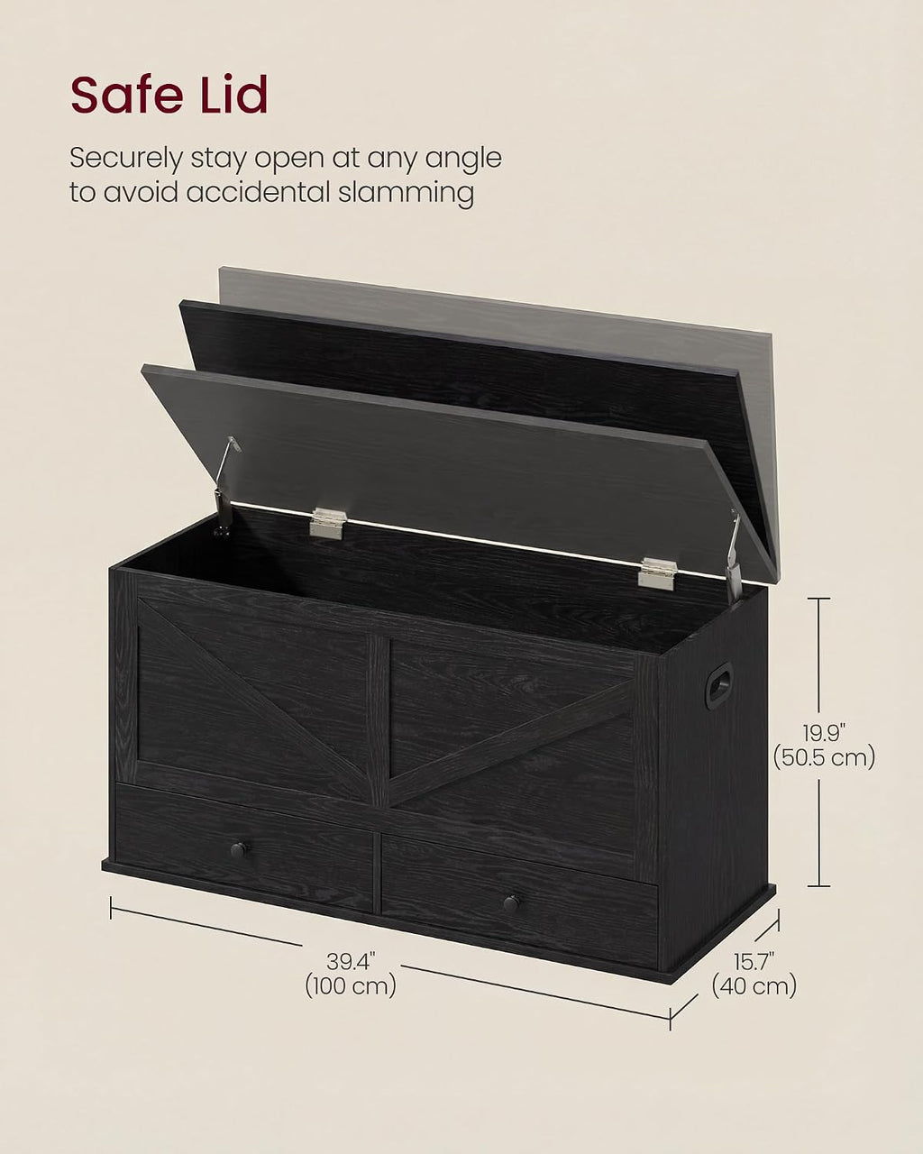 VASAGLE Storage Chest with 2 Fabric Drawers, 15.7 x 39.4 x 19.9 Inches | Storage Bench, Farmhouse Style, Ebony Black, HAINS Collection ULSB043B02