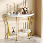 39.4" Console Table with Half Moon Wood Shelves, 2 Tier Modern Entryway Table with Curved Metal Frames, Narrow Sofa Couch Table for Hallway, Entrance, Living Room, Foyer, White Marble & Gold