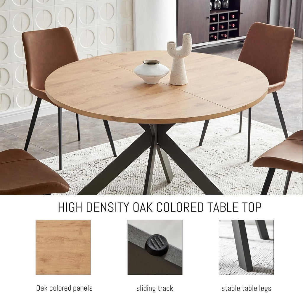 Zerifevni 46.4" Round Dining Table Set, Mid Century Modern Round Dining Table for 4-6 Person, w/Steel Legs, Coffee Table for Kitchen Dining Room, Office, Save Space (1 Table with 4 Brown Chairs)