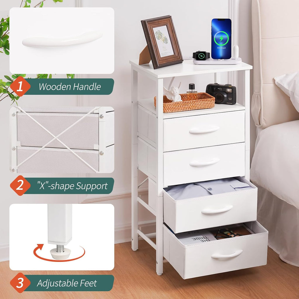 Yoobure Night Stand - LED White Nightstand with Charging Station, Bedside Table with 4 Storage Drawers and Storage Shelf, End Table with USB Ports and Outlets, Tall Nightstand for Bedroom