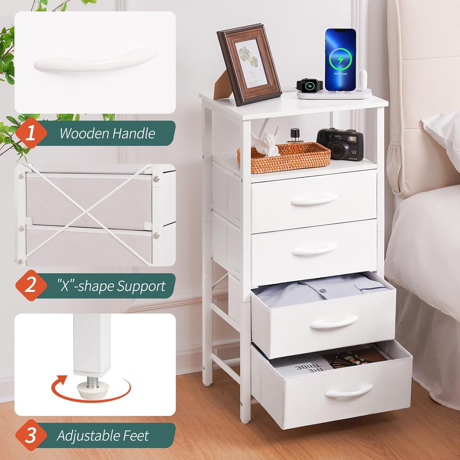 Yoobure Night Stand - LED White Nightstand with Charging Station, Bedside Table with 4 Storage Drawers and Storage Shelf, End Table with USB Ports and Outlets, Tall Nightstand for Bedroom