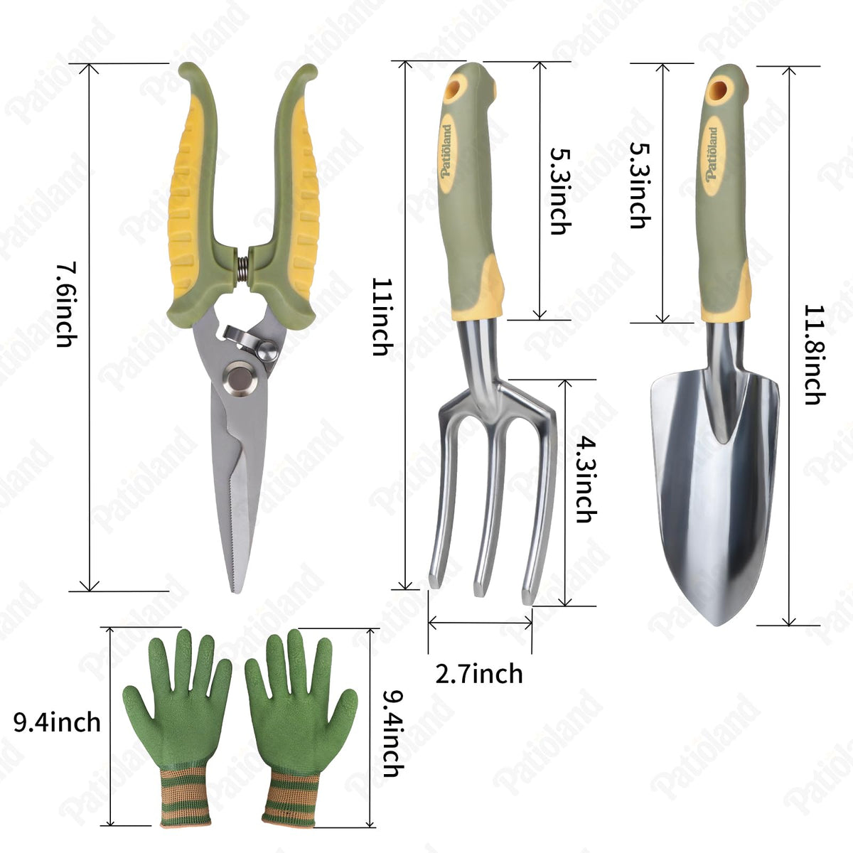 Patioland Green Garden Tool Set 4-Piece, Trowel, Fork, Pruning Shear&Gloves
