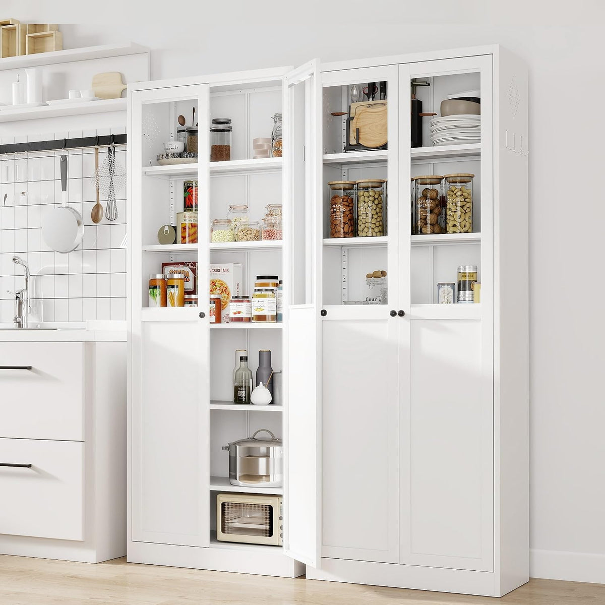 Kitchen Pantry Storage Cabinet, 72" H Storage Cabinet with Doors and Adjustable Shelves, Spacious Cupboard with 2 Handles, Metal Kitchen Cabinet for Dining Room, Living Room, White