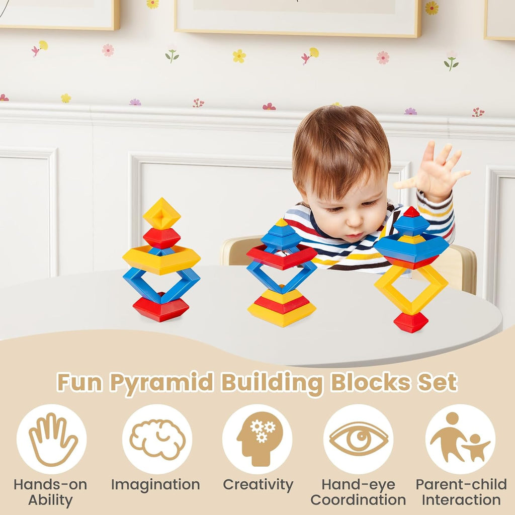 GLACER Kids Table and Chairs, Brich Round Toddler Table and Chair Set with Toy Bricks, Smooth Surfaces & Ergonomic Backrest, Activity Desk for Playroom, Classroom, Daycare, or Home Use (Natural)