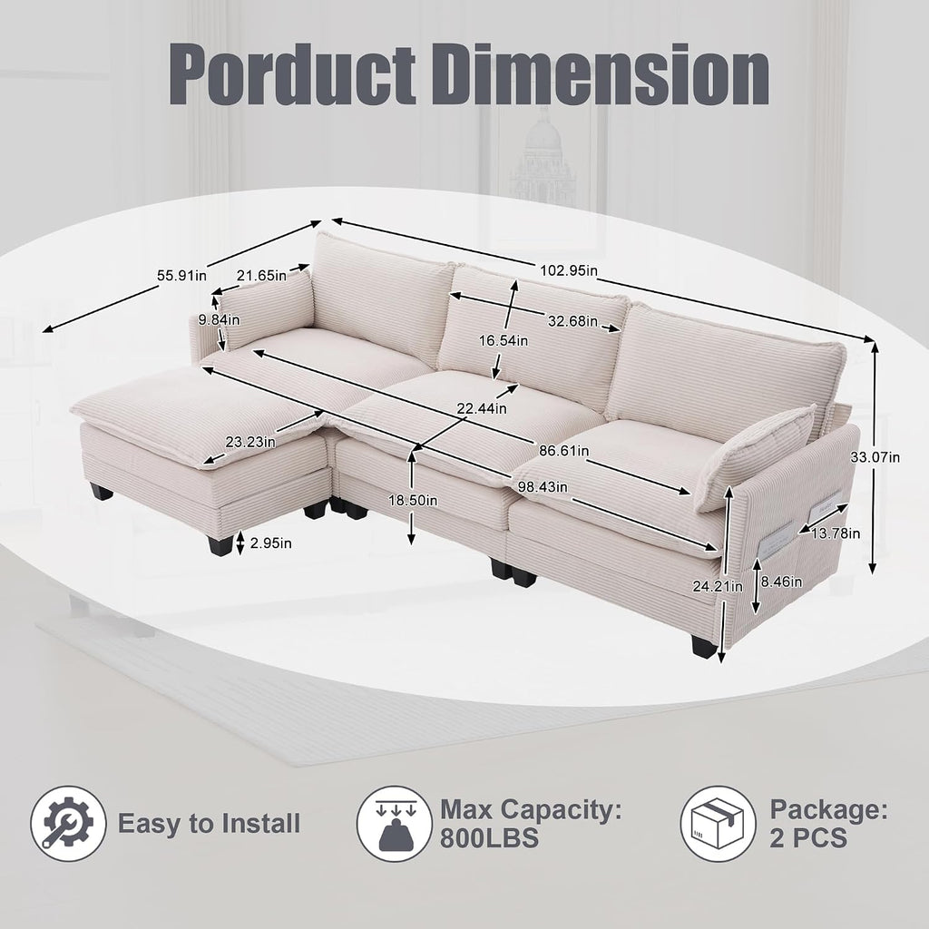 KIVENJAJA 103" Cloud Couch Sectional with Storage, L Shaped Sofa, Beige | 3 Seat, Side Pockets, Movable Ottoman, Corduroy, Deep Seat, Easy Assembly, for Living Room/Apartment