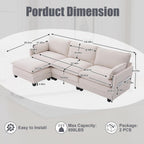 KIVENJAJA 103" Cloud Couch Sectional with Storage, L Shaped Sofa, Beige | 3 Seat, Side Pockets, Movable Ottoman, Corduroy, Deep Seat, Easy Assembly, for Living Room/Apartment