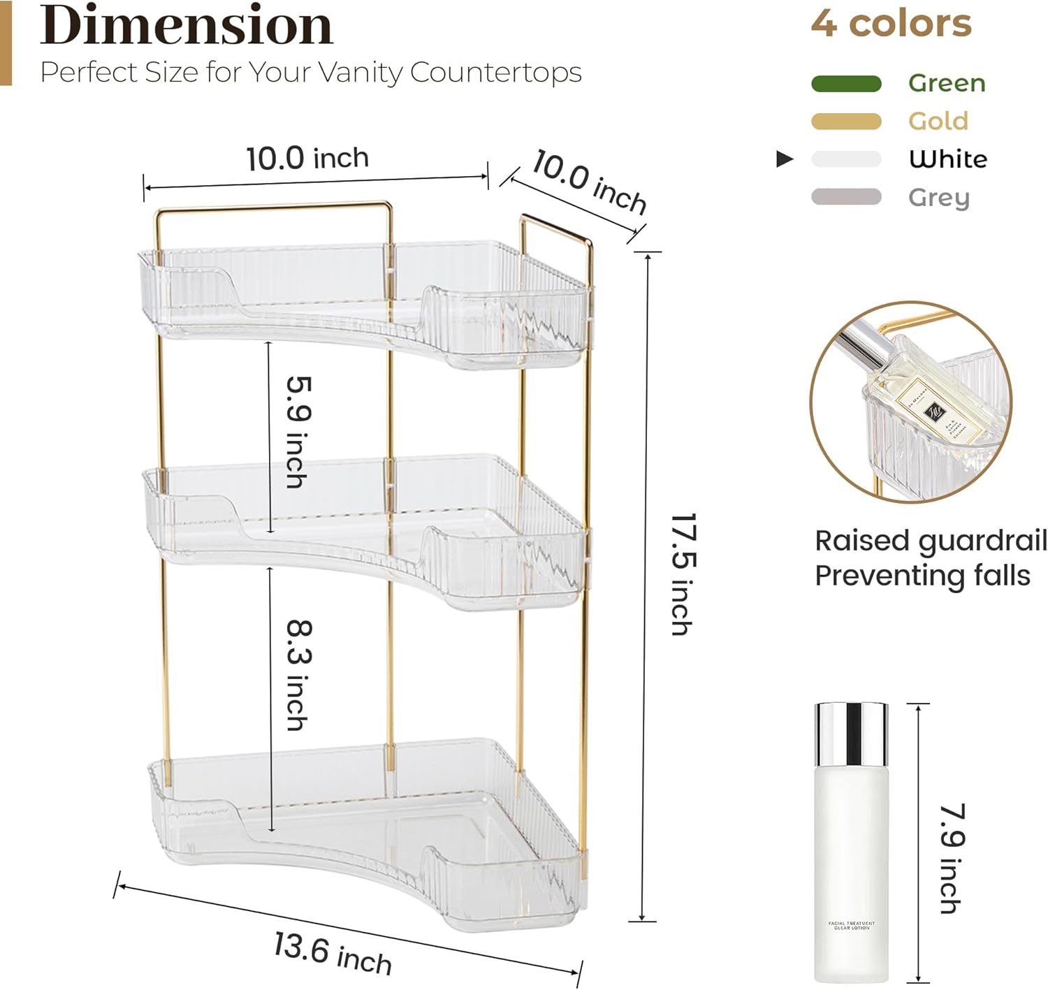 Aveniee Corner Bathroom Counter Organizer, Bathroom Countertop Shelf Makeup Storage, Clear Perfume Tray Holder (3 Tiers, White)