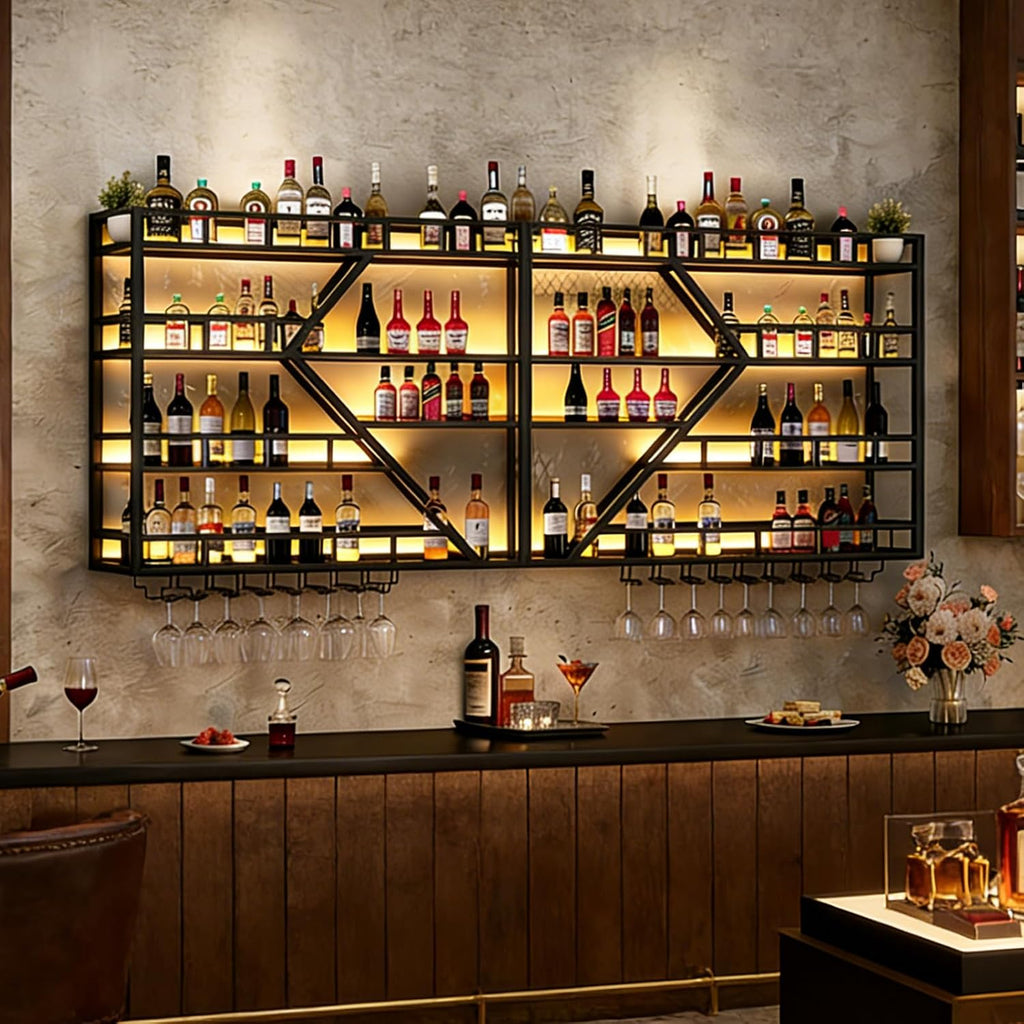 63in Large Wall Mounted Wine Rack, 4 Tier Metal Diamond Shaped Liquor Bottle Shelves Wine Glass Holder, Hanging Liquor Shelf Wall Mounted, for Home Bar Dining Room (4 Tiers Black, 63 * 7.87 * 48.5IN)