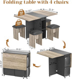 furlinkhm Folding Dining Table Set for 4, Dinner Table with 4 Leather Chairs and Shelves, Space Saving Foldable Dining Table with 6 Wheels, Kitchen Table for Small Spaces (Grey)