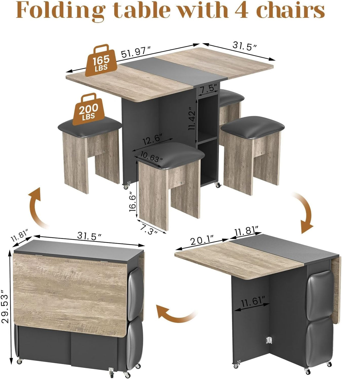 furlinkhm Folding Dining Table Set for 4, Dinner Table with 4 Leather Chairs and Shelves, Space Saving Foldable Dining Table with 6 Wheels, Kitchen Table for Small Spaces (Grey)