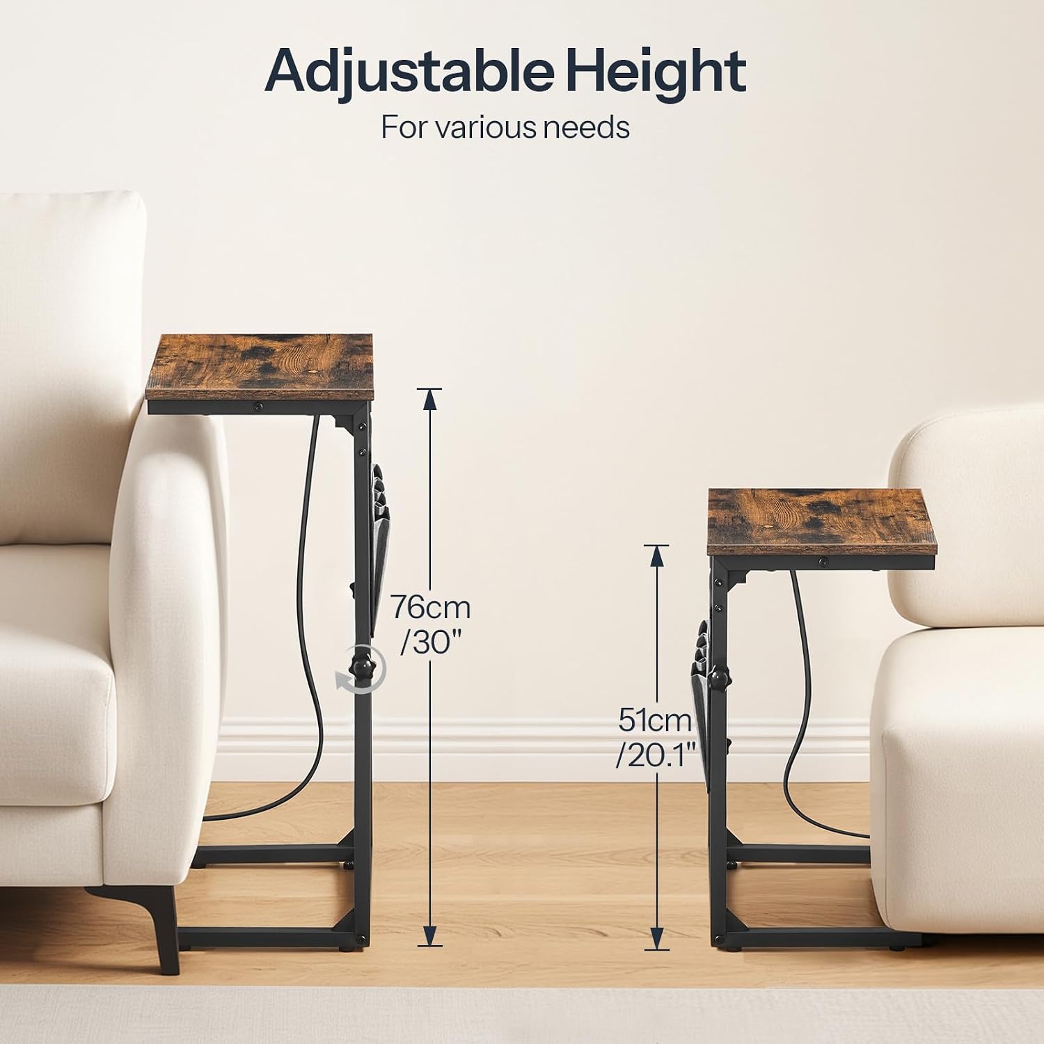 HOOBRO C Shaped End Table with Charging Station, 30” Adjustable Height Sofa Side Table with Storage Pocket, Slide Under Couch Table for Sofa Arm Tray, for Living Room, Bedroom, Rustic Brown BF77USF01