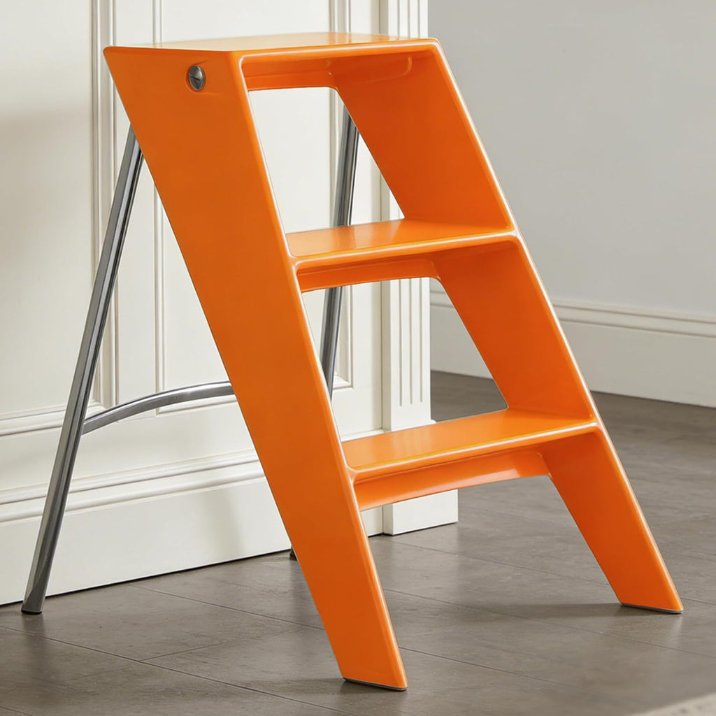 HOTEAGLE Modern Folding Chair - Multifunctional Design Doubles as Step Stool & Storage Shelf, Sturdy Engineering Plastic for Kitchen, Dining & Bistro,Orange
