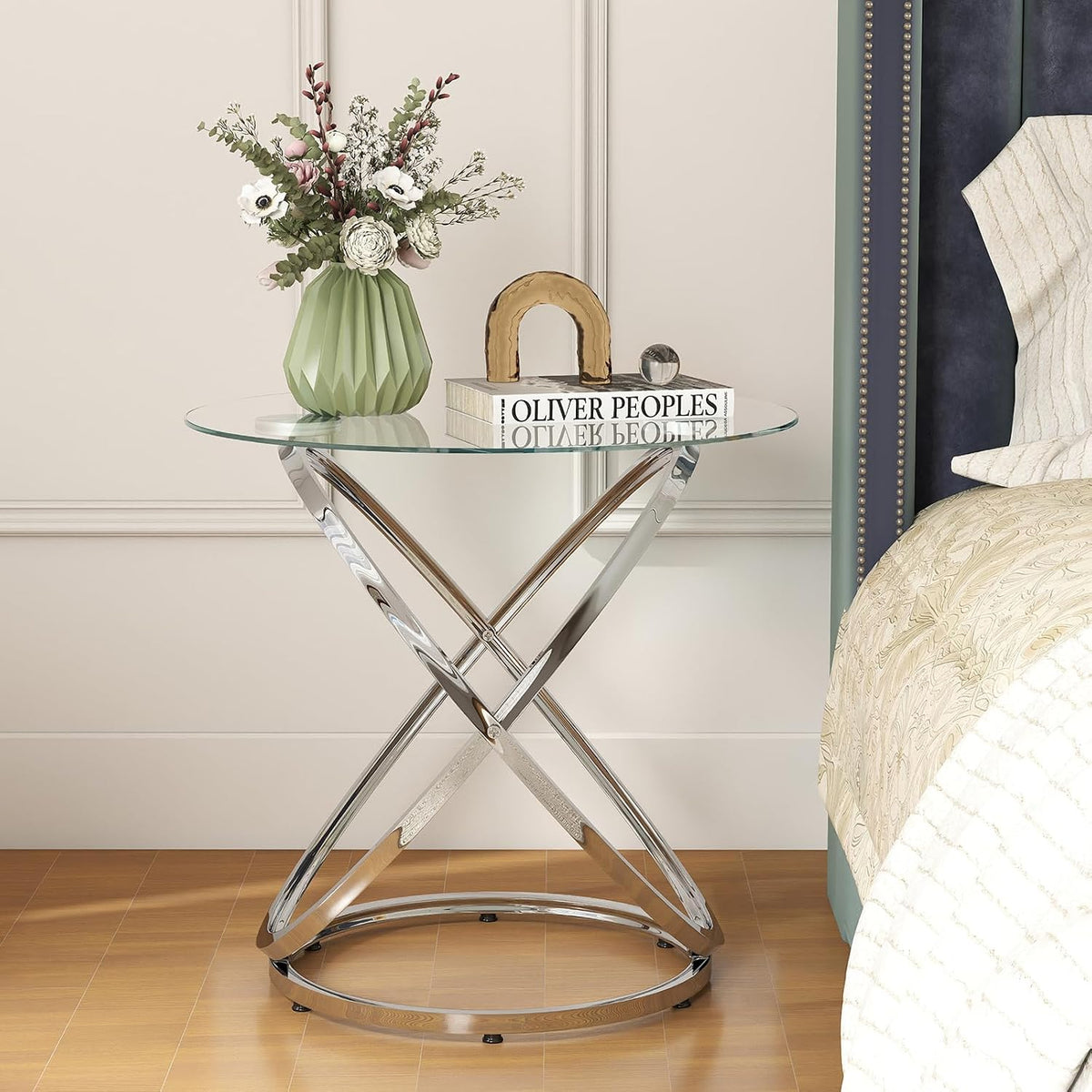 OIOG Glass Round End Table, Modern Contemporary Side Table for Small Space with Tempered Glass Tabletop for Living Room, Chrome Finish