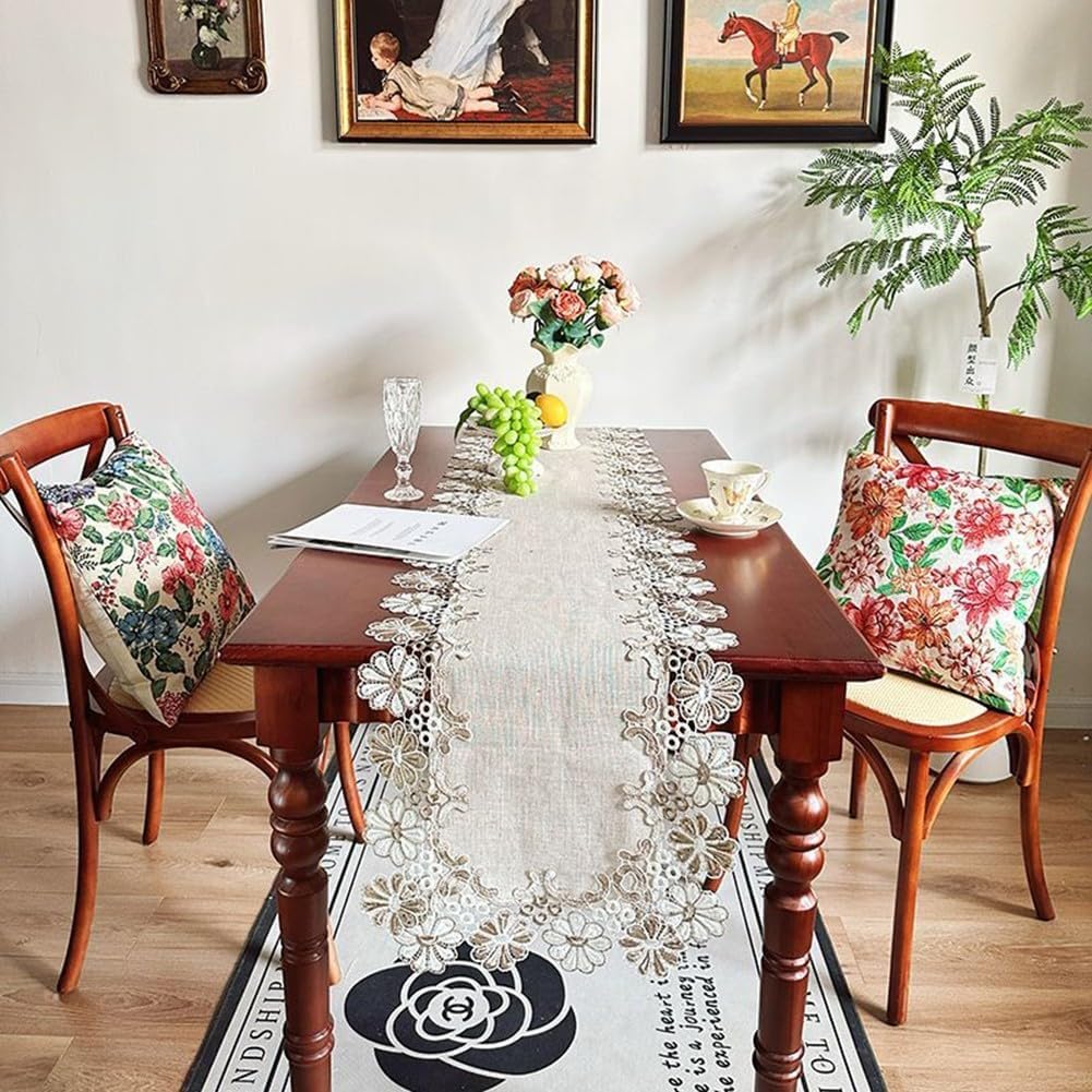 European Style Linen Runner Table with Lace Trim for Home Tables, Rectangular Shape, Suitable for Dining Room and Decoration (40 x 80 cm)