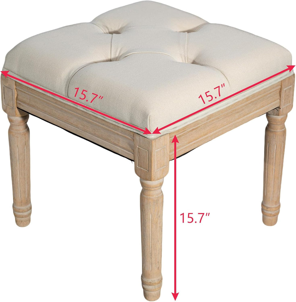Square Vanity Stool Bench, 15.7" Small Ottoman Foot Stool with Padded Button Tufted Seat, Upholstered Ottoman Bench Chair for Makeup Room, Living Room, Bedroom, Piano, Foot Rest, Beige
