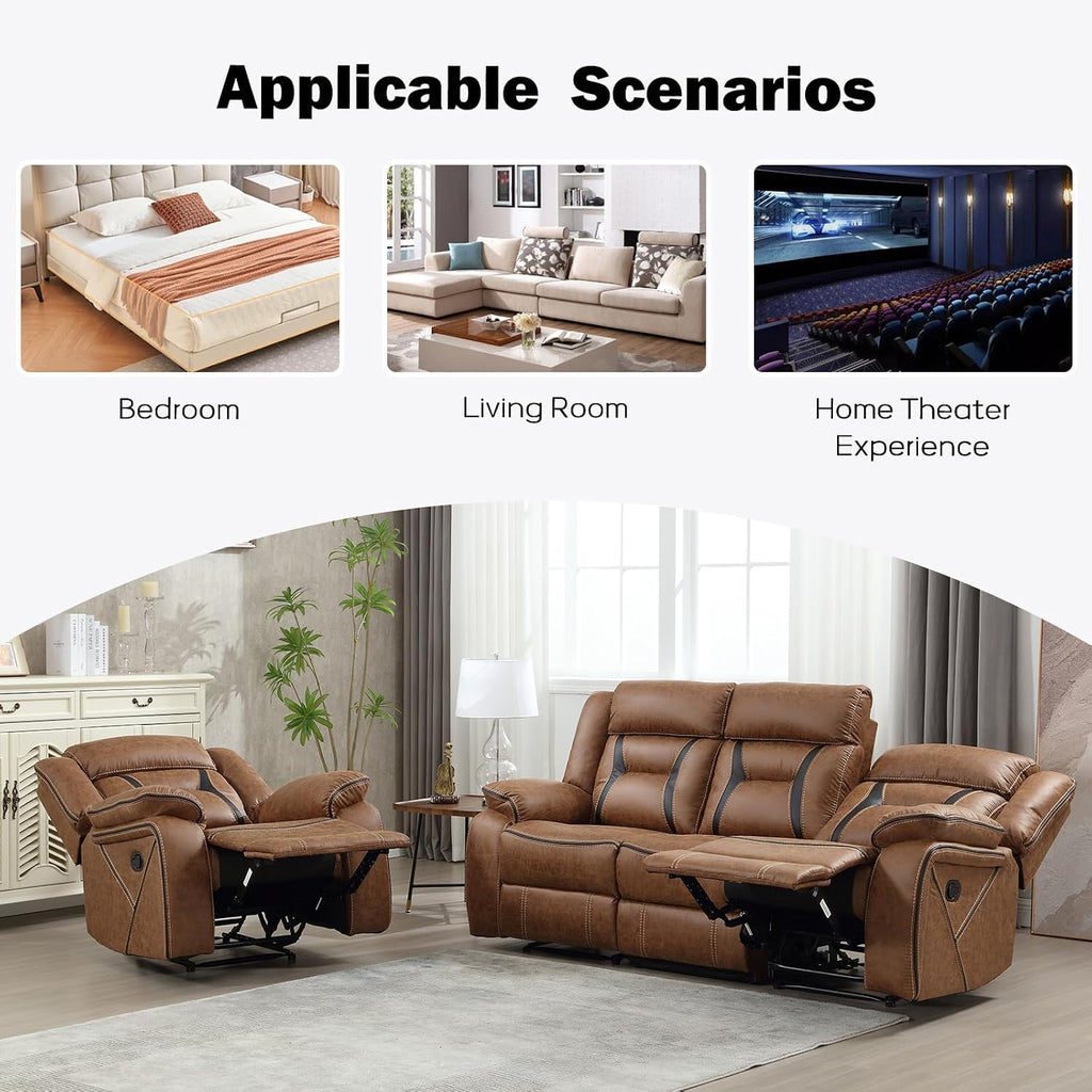 EBELLO Manual Recliner Sofa Set, Faux Leather Reclining Living Room Furniture Set, Included Recliner Chair and 3 Seat Manual Recline Sofa, Brown