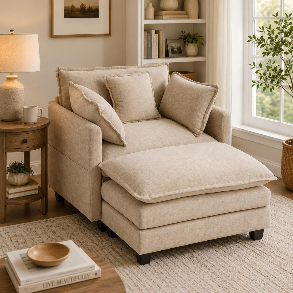 41" Oversized Chair with Ottoman, Chenille Reading Chair and a Half, Deep Seat Comfy Armchair with Pillows for Living Room, Bedroom, Apartment, Home Office (Coffee)