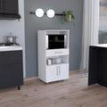 Kitchen Pantry 48" H, Two Open Storage Shelves, One for Microwave, Two Doors, Four Legs, White