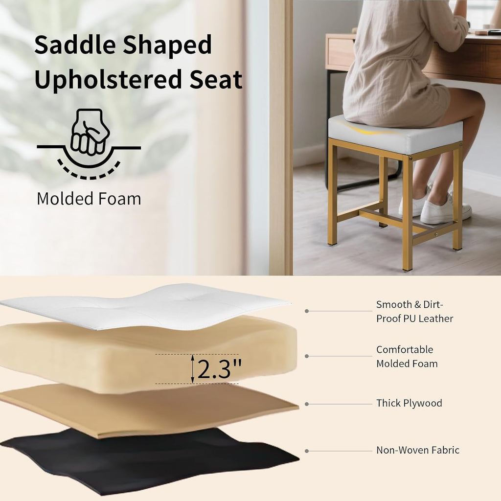 Saddle Seat Vanity Stool, Makeup Stool Chair with Metal Leg, U-Shaped PU Leather Ottoman Foot Rest, Small Square Chairs Under Desk for Vanity, Living Room, Modern Makeup Bench White&Gold