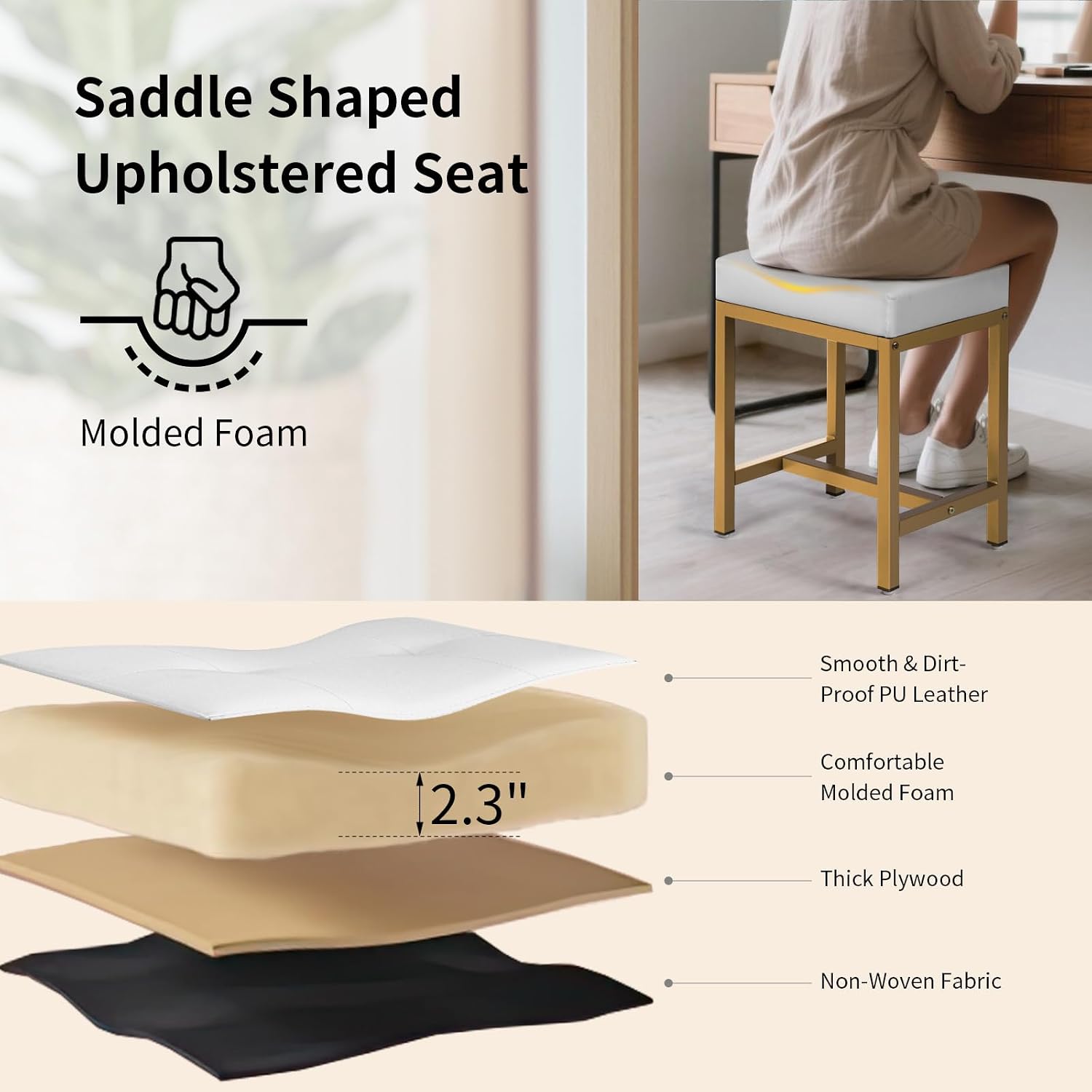 Saddle Seat Vanity Stool, Makeup Stool Chair with Metal Leg, U-Shaped PU Leather Ottoman Foot Rest, Small Square Chairs Under Desk for Vanity, Living Room, Modern Makeup Bench White&Gold