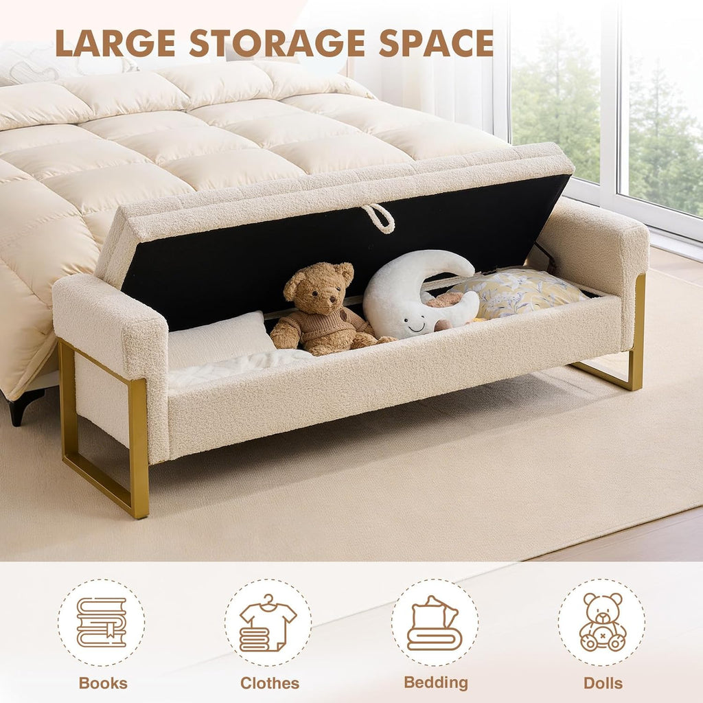 67" Storage Bench for Bedroom, King Size End of Bed Bench, Upholstered Storage Ottoman Bench with Golden Metal Legs, Bedroom Bench for Entryway (Teddy Beige)