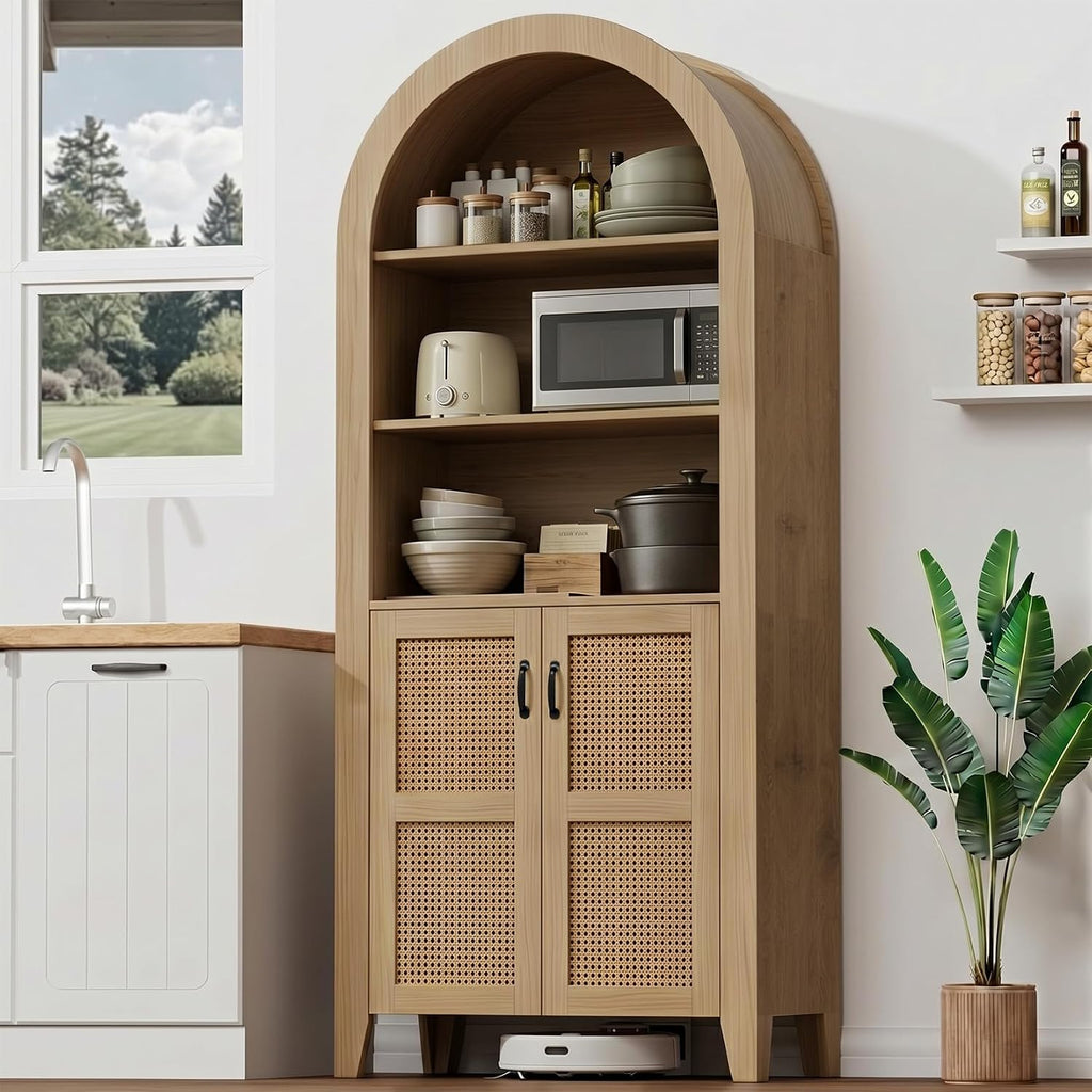 Arched Pantry Cabinet, 71" Kitchen Pantry Cabinet with Adjustable Shelf, Wood Storage Cabinets Anti-Tipping, Farmhouse for Living Room, Dining Room (Rattan Natural)