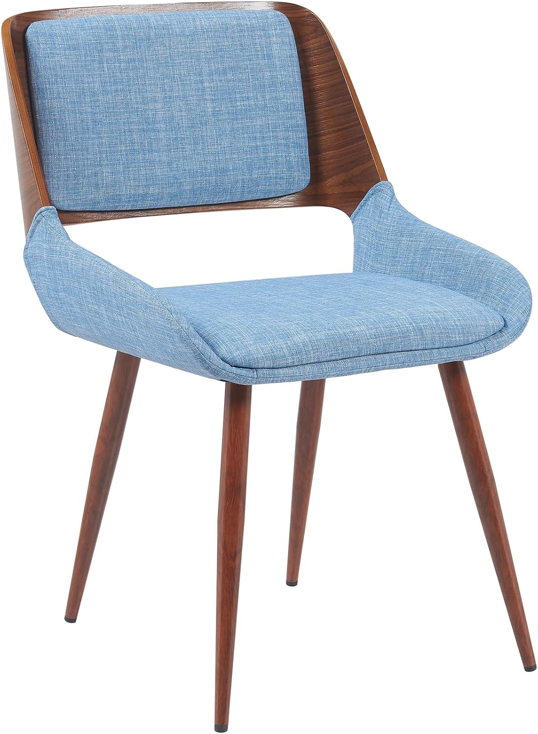 Armen Living Panda Mid-Century Upholstered Dining Chair in Walnut Finish with Light Blue Fabric Seat