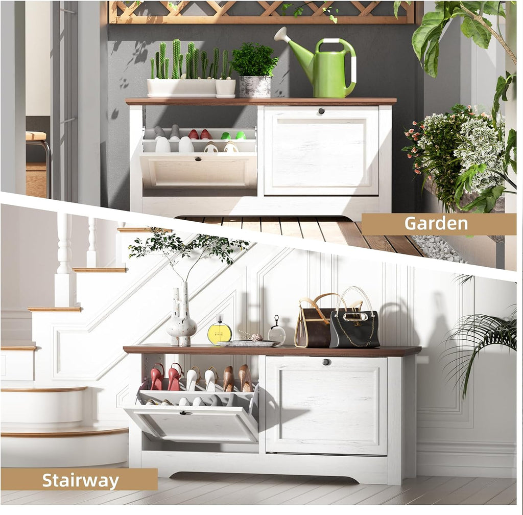 Shoe Storage Bench with Seat, Entryway Shoe Cabinet with Drawers | Flip Drawers and Hidden Storage, Comfortable Seating for Entryway, Hallway, Foyer and Small Spaces