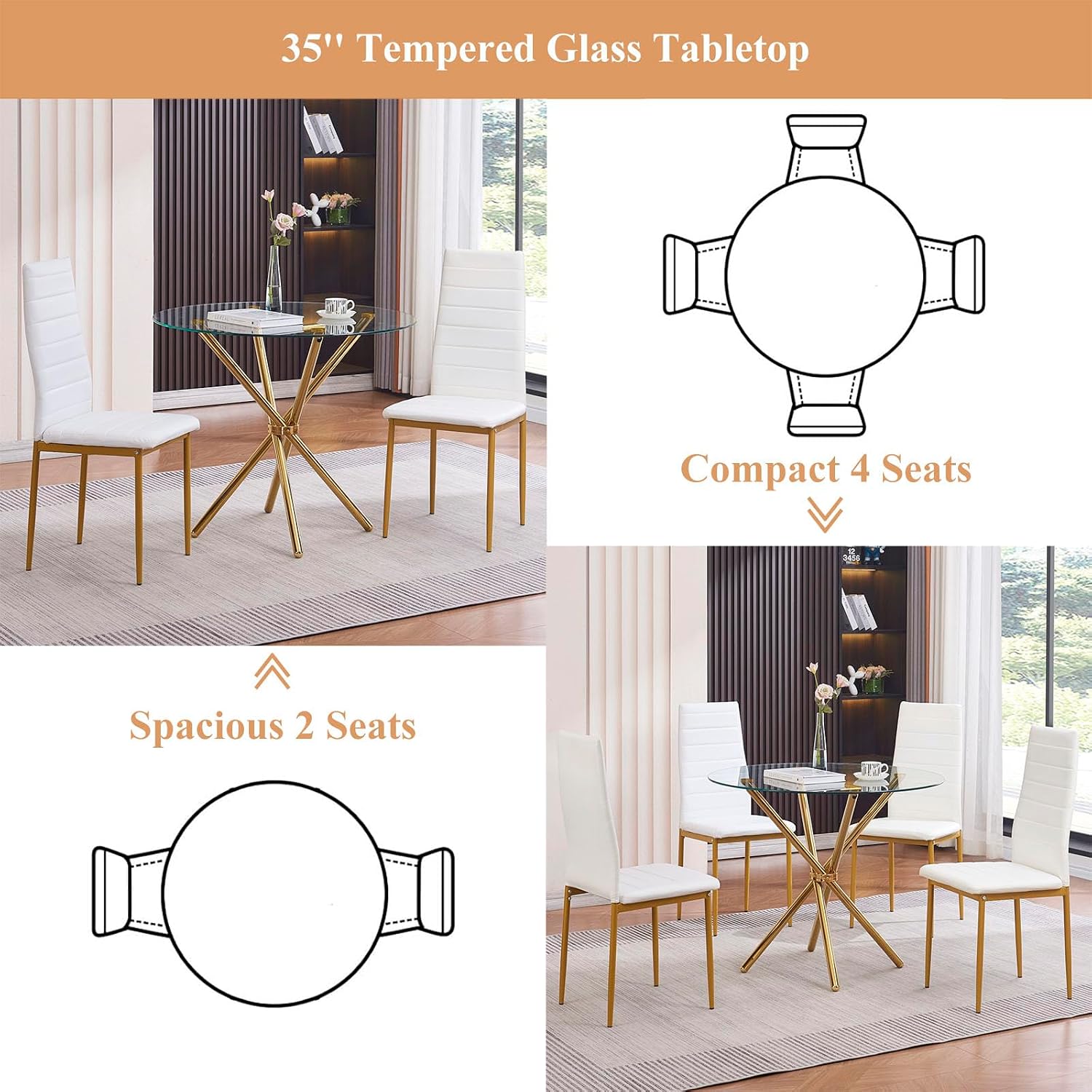 36" Round Glass Dining Room Table with Glass Top and Gold Legs for Kitchen and Dining, Modern Compact Round Dinner Table for Apartment Small Spaces