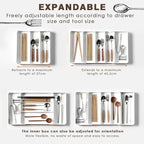 Expandable cutlery drawer organizer, silverware drawer organizer, freely adjustable large kitchen utensil tray with partitions, large adjustable plastic cutlery tray for knives, forks, spoons, white