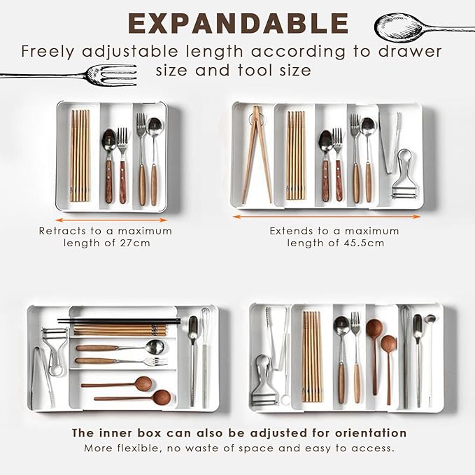 Expandable cutlery drawer organizer, silverware drawer organizer, freely adjustable large kitchen utensil tray with partitions, large adjustable plastic cutlery tray for knives, forks, spoons, white