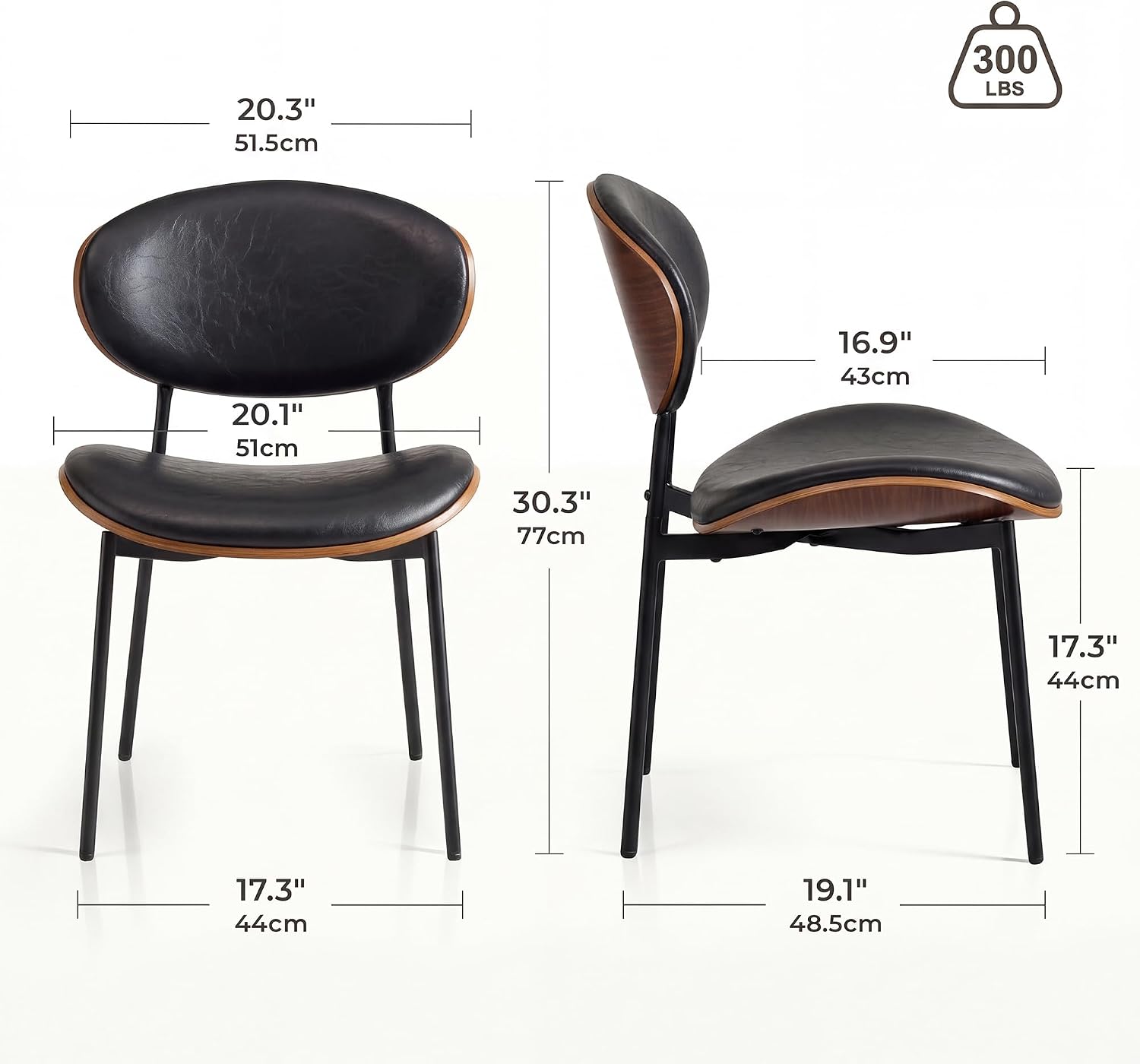 BedsPick Mid-Century Modern Dining Chairs Set of 2, PU Leather Upholstered Dining Room Chairs with Walnut Grain Back, Bentwood Kitchen Chairs with Adjustable Feetpads for Dining Room, Kitchen, Black