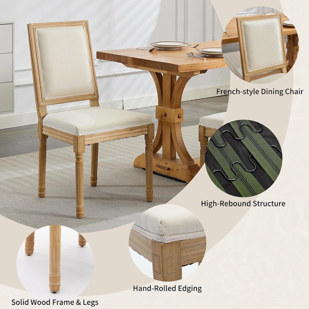 Vintage French Country Dining Chairs Set of 6, Linen Fabric Dining Chair with a Square Back, Beige Upholstered Dining Chairs, Sillas para Comedor, Kitchen & Dining Room Chair (Beige, 6Pcs)